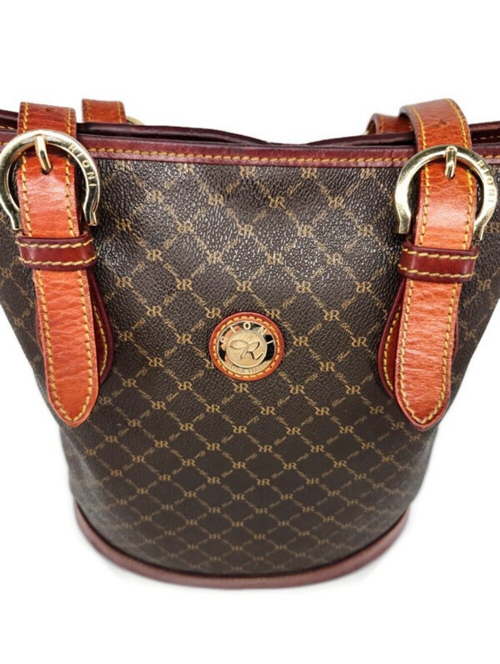Rioni Brown Coated Canvas Gold Monogram Pattern & Leather Shoulder Bucket Bag - Picture 4 of 14